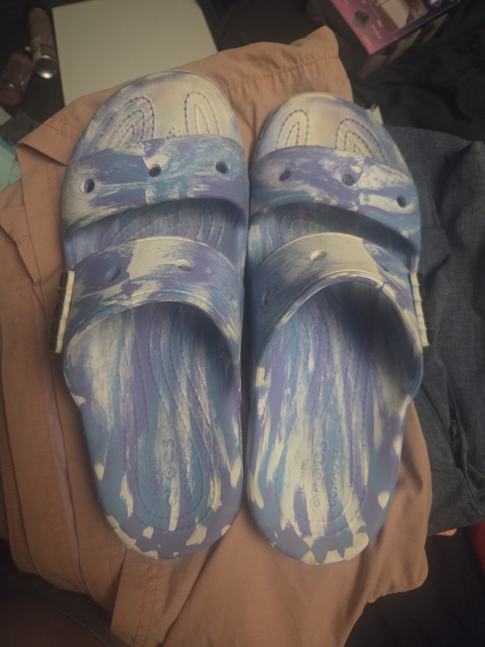 CROCS Blue, White and Purple Brushstroke Slide Sandals